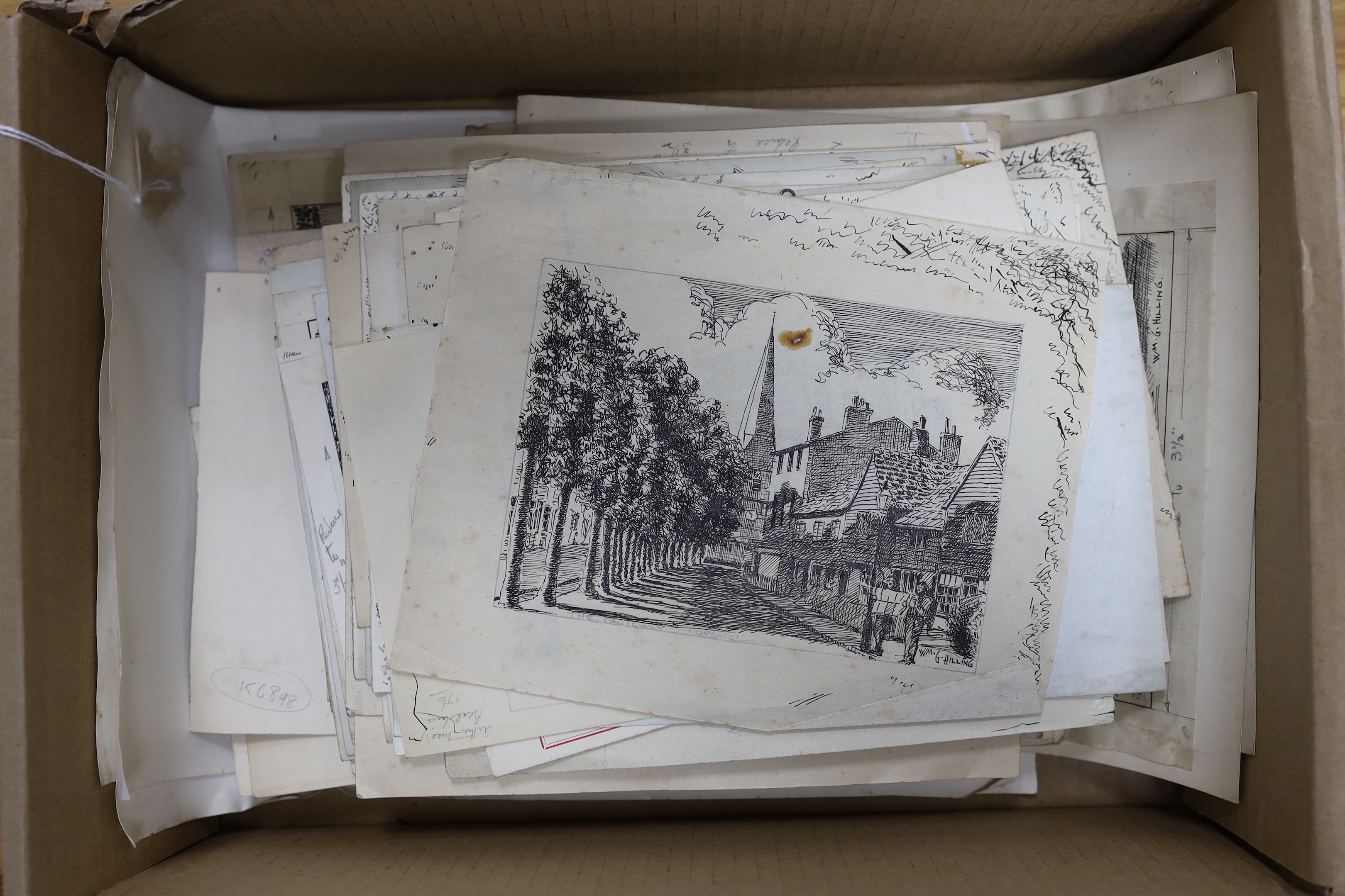 William Hilling (20th. C) large collection of pen and ink sketches, English landscapes and scenes, most signed and inscribed, together with various printed booklets depicting his work